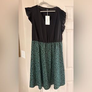 BloomChic Black Top with Teal Green Polka Dot Midi Dress